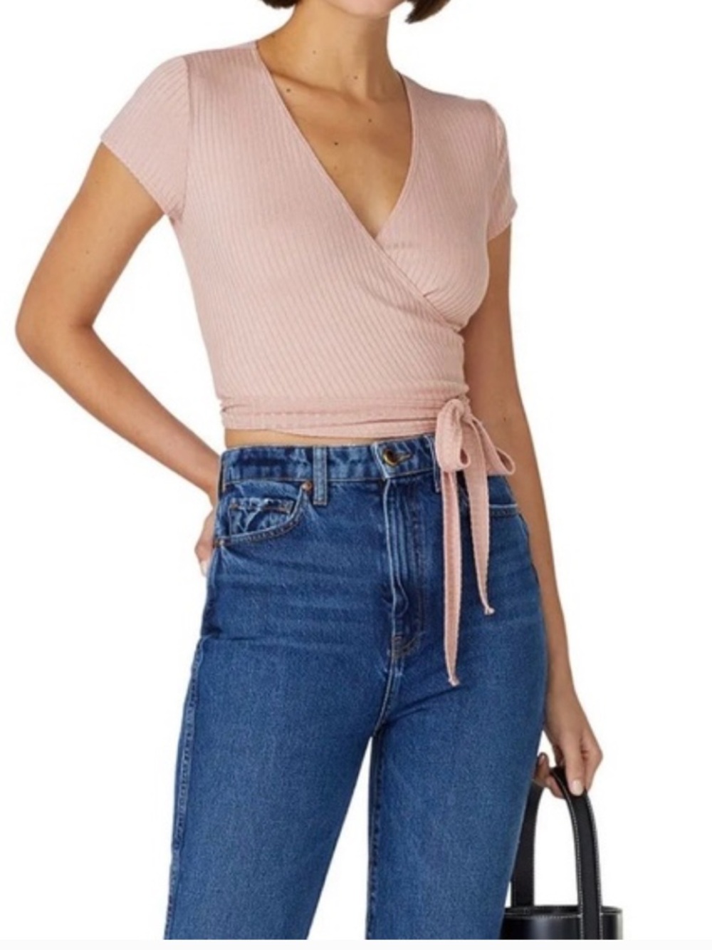 Reformation Dusty Pink Ribbed Wrap Crop Top